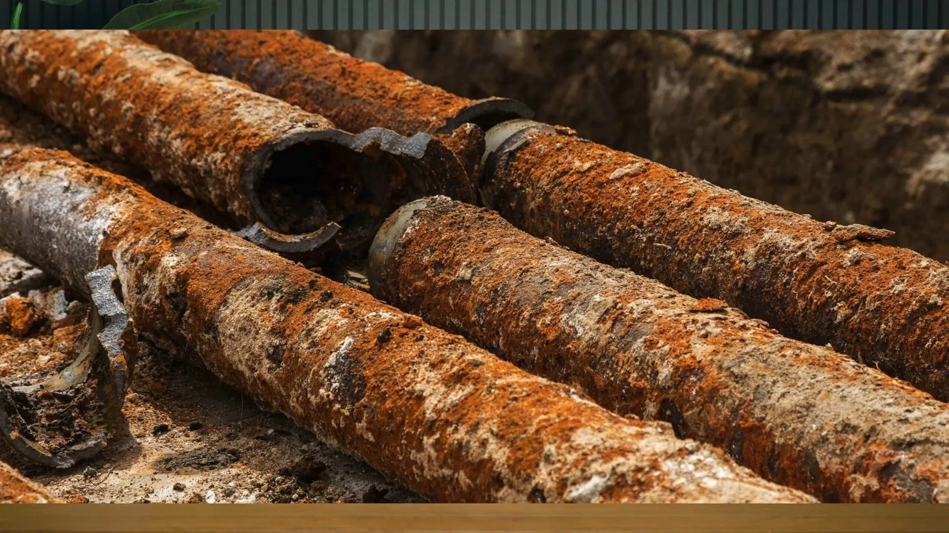 Rusted and scaled sections of cut sewer pipe lying on a workbench