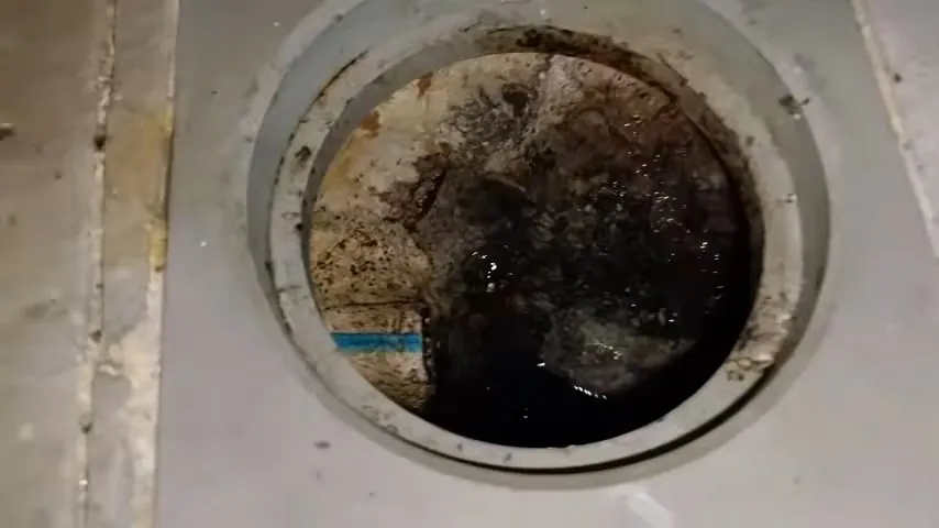 Looking down into a round floor drain opening with debris around the trap