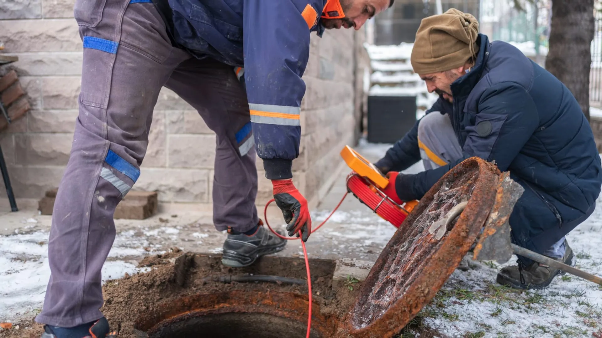 Two workers at an opened yard access with a camera reel and cable beside it
